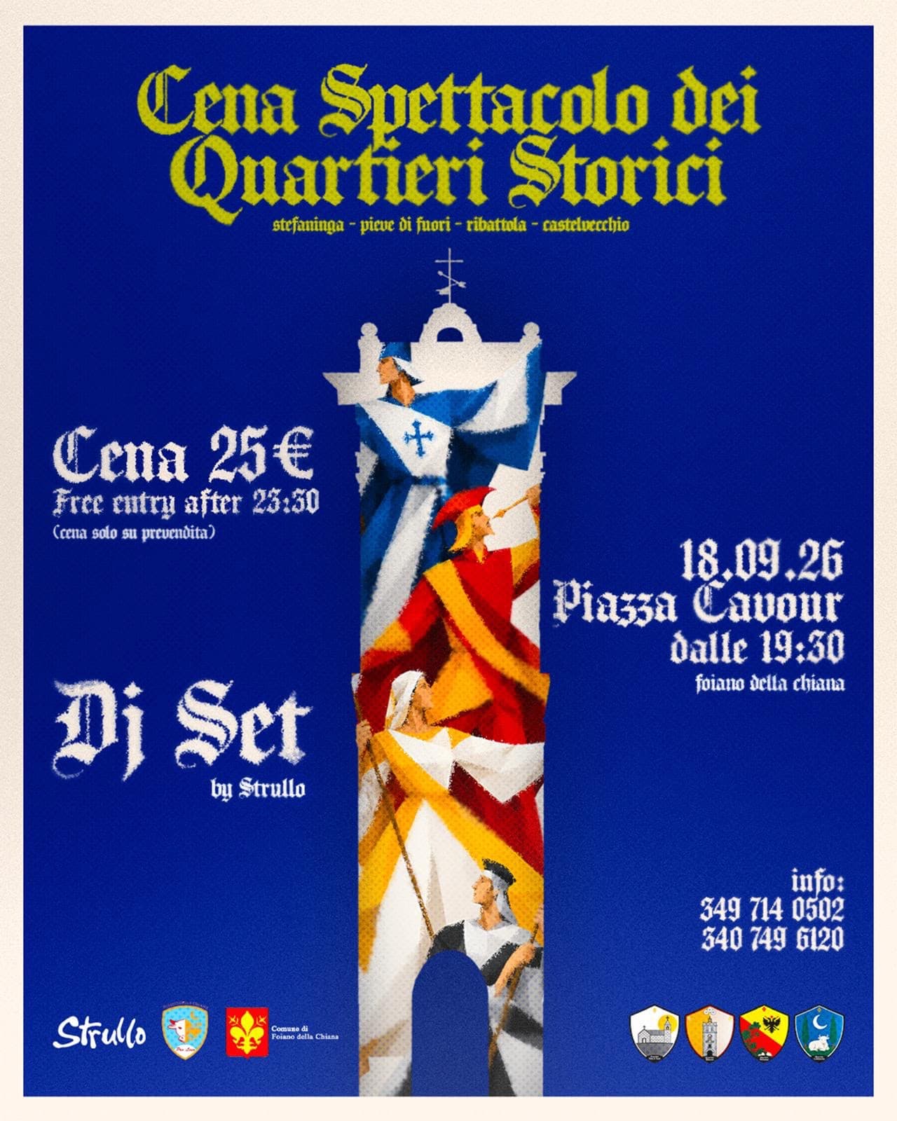 Locandina della Cena Spettacolo dei Quartieri Storici del 18 settembre 2026 in Piazza Cavour a Foiano della Chiana.